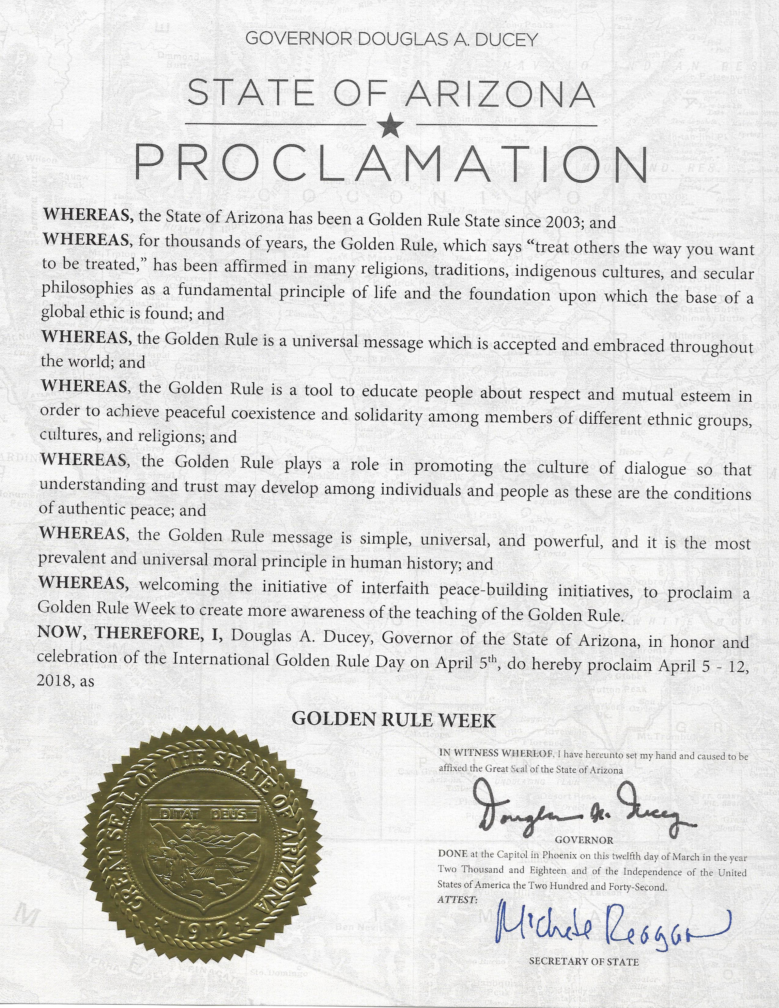 Governor Ducey's Proclamation GOLDEN RULE DAY