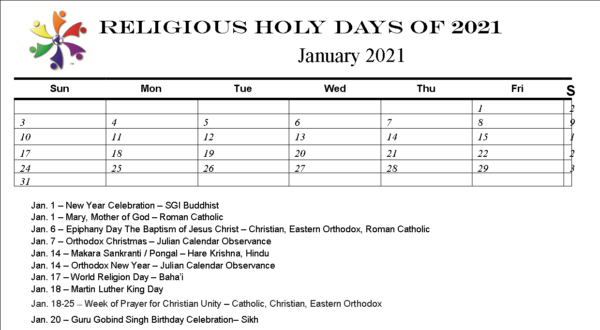 holy days calendar Arizona Interfaith Movement